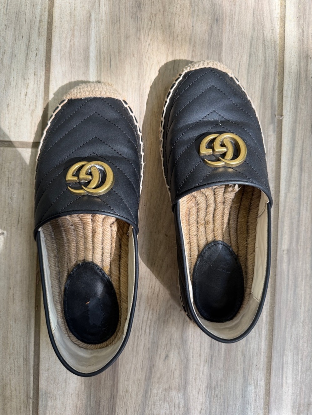 Black Quilted Espadrille Slip-On Shoes with Gold Emblem - Picture 2 of 10